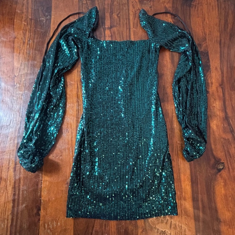 Lucy In The Sky Emerald Green Sequin Balloon Sleeve Mini Dress Small Tie Back